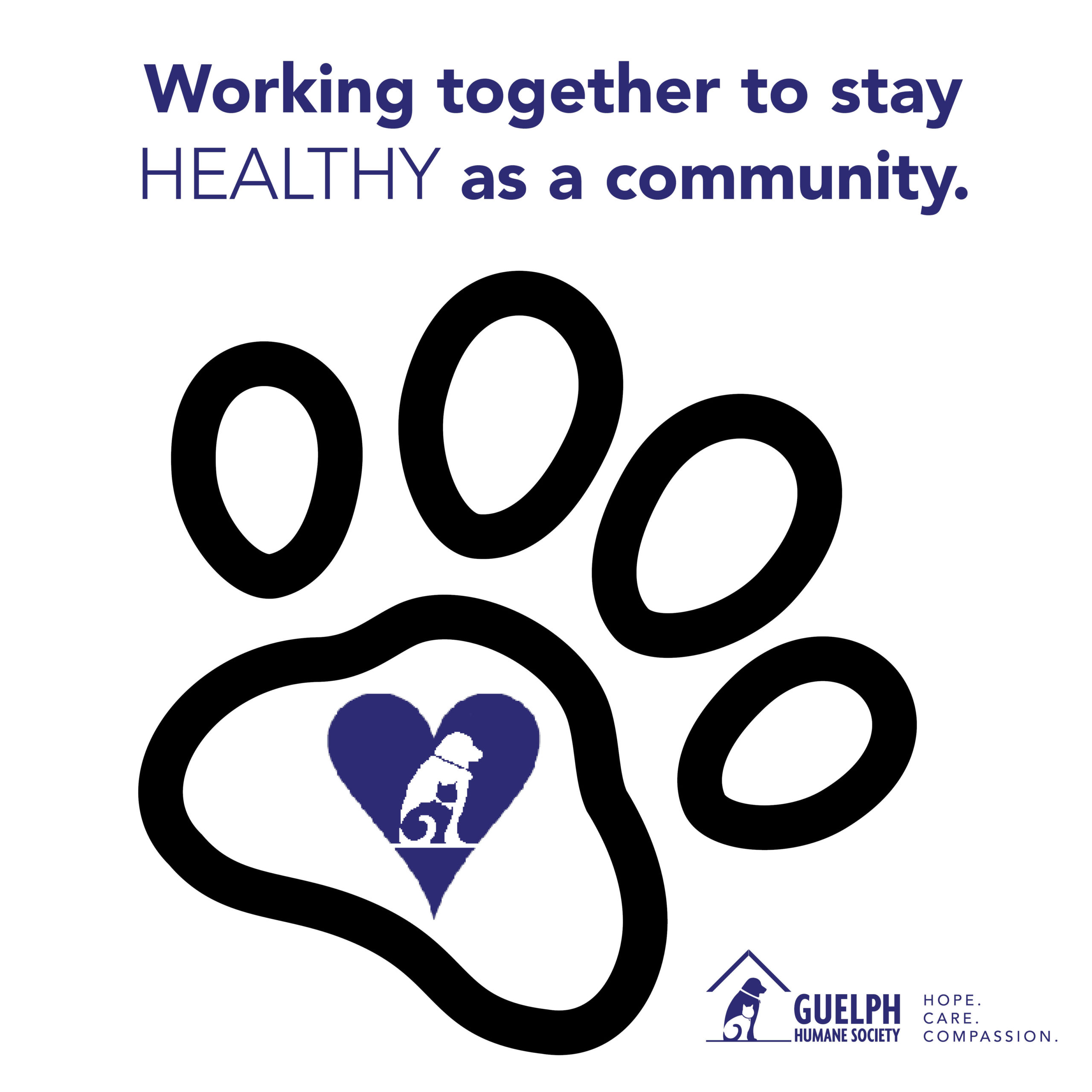 Working together to stay healthy as a community, with a paw print outline containing a heart and the Guelph Humane Society logo