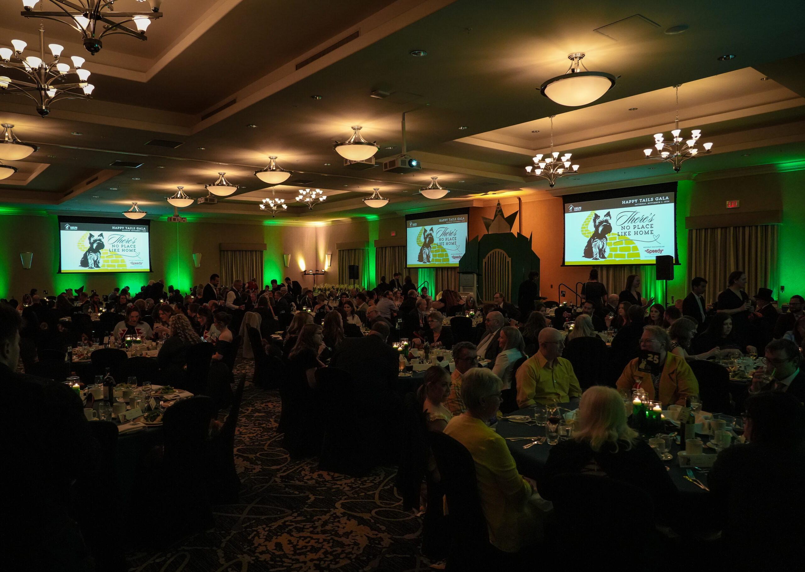 Guests at round tables in a ballroom lit with green lights at the Happy Tails Gala