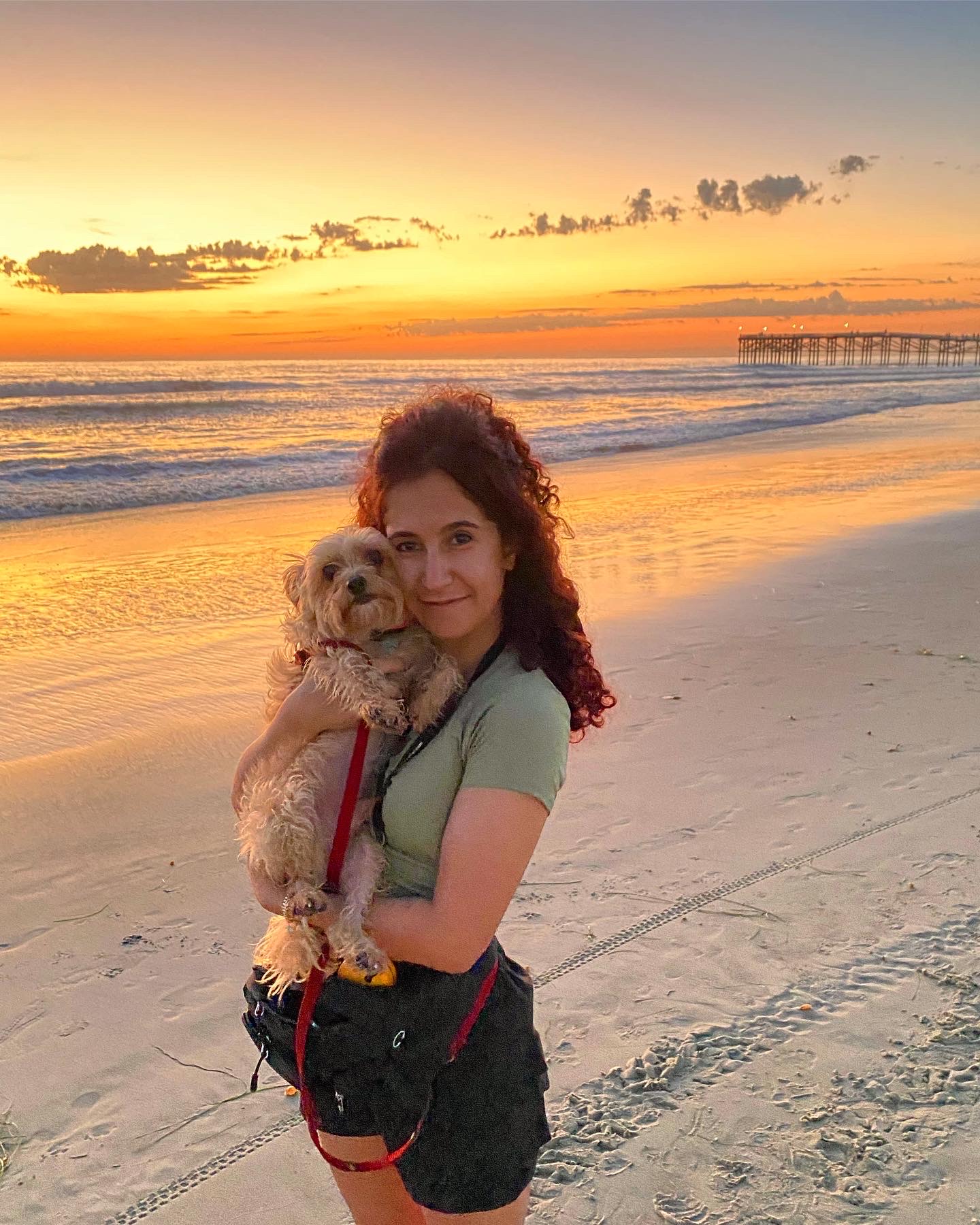 Tara Sotoudeh holding her small dog on a beach at sunset