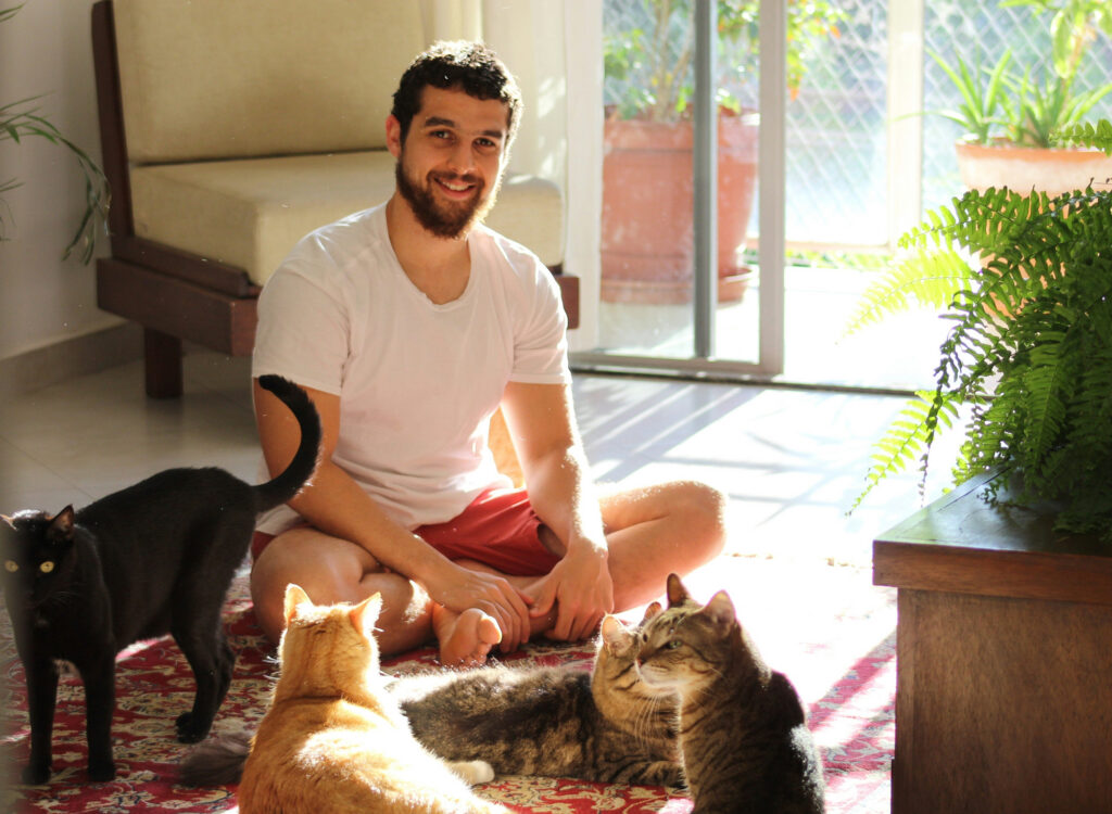 A man sits cross-legged on a rug in a sunlit room surrounded by four cats, smiling at the camera.