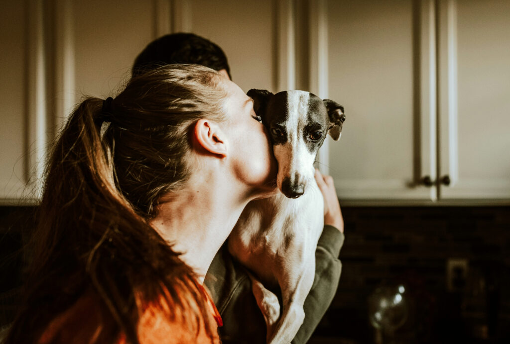 A woman holds a small italian greyhound up against her shoulder and kisses its head in a kitchen.
