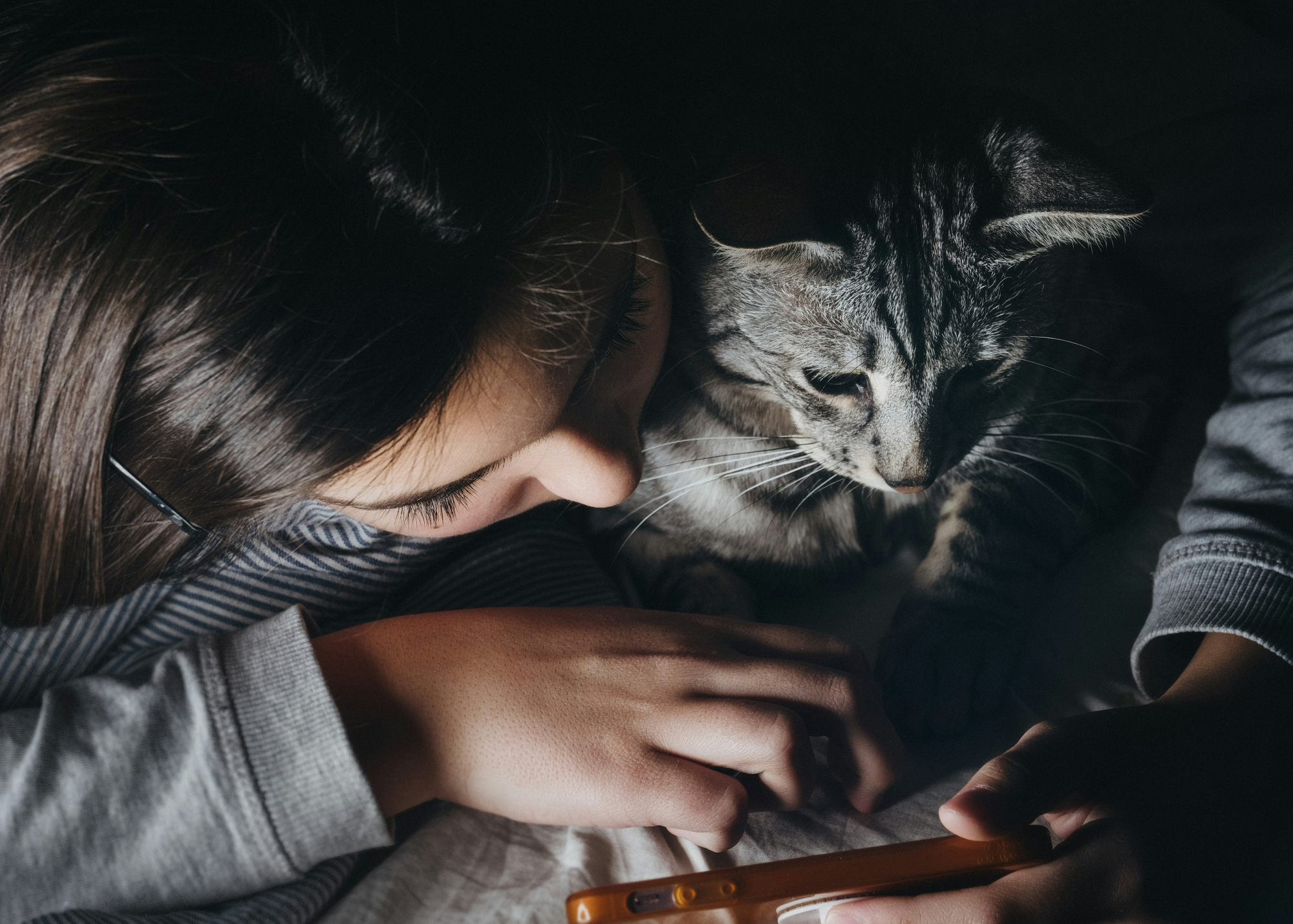 A person lies on a bed in low light with a tabby cat curled close beside them.