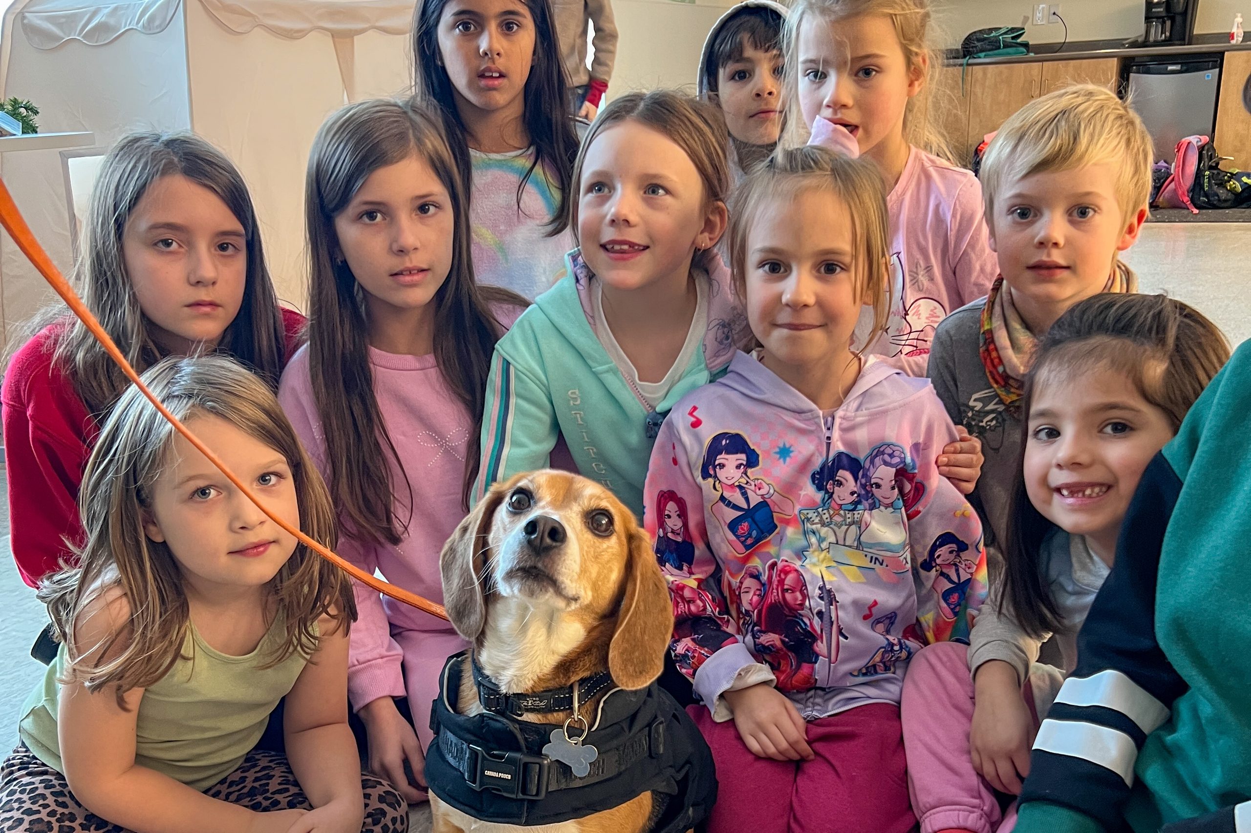 Group of smiling children gathered around a beagle at a holiday camp