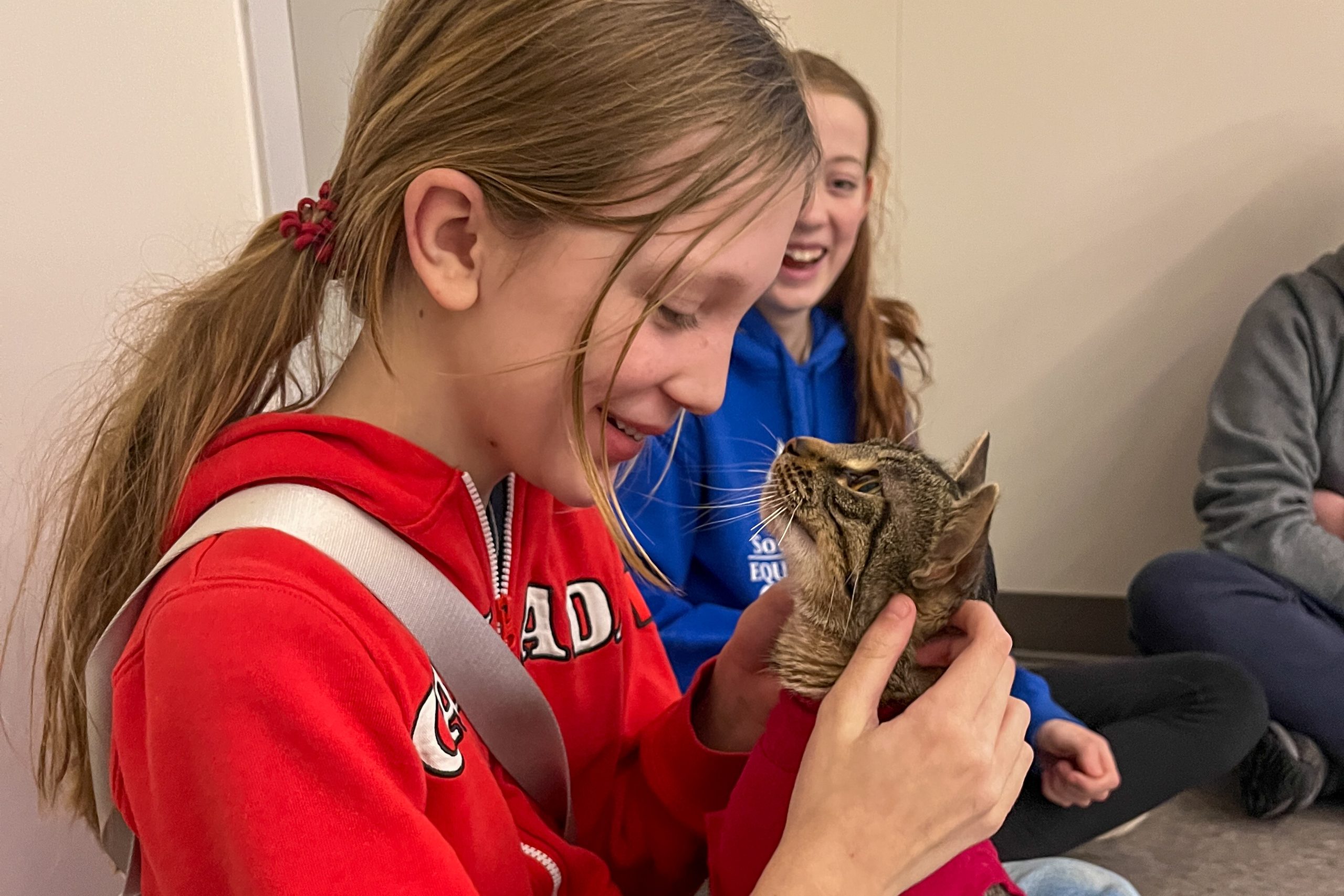 Smiling girl in a red hoodie holding a tabby kitten close while another girl looks on
